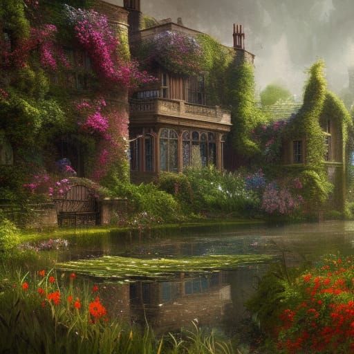Cottagecore Mansion Reclaimed by Nature in Dark Fantasy Styl...