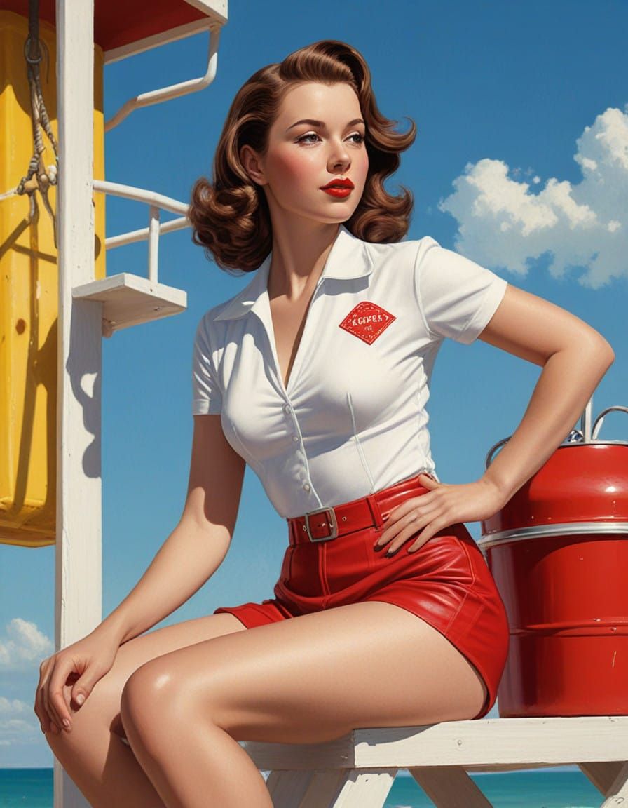 Elegant 1940s Pinup Lifeguard in Warm Sunlight