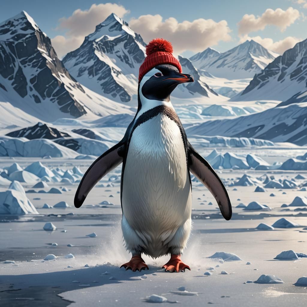 Penguin in Red Hat on Antarctic Ice