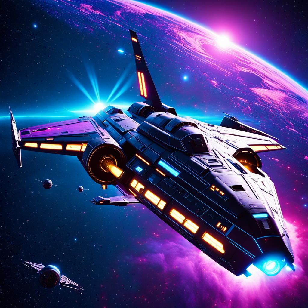 Retrofuturistic Starship Soaring Through Space in 3D