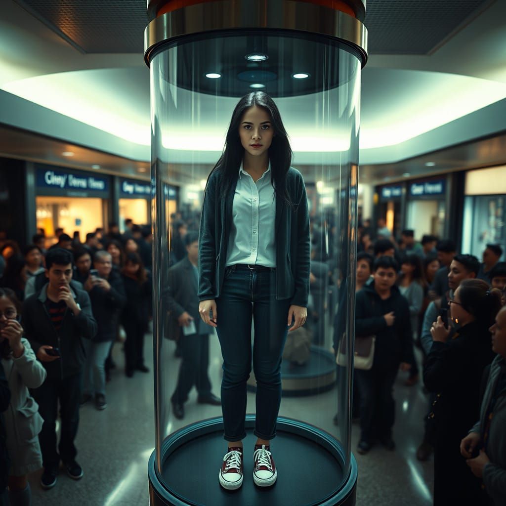 A Woman Trapped in a Glass Cage, Surrounded by Gawkers