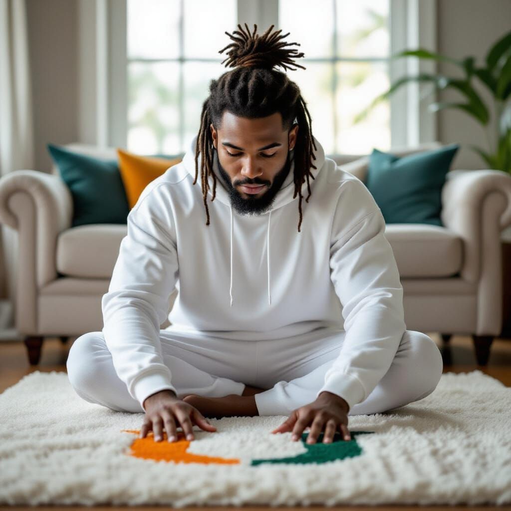 Black Man Tufting Miami Hurricanes Rug in White Sweat Suit