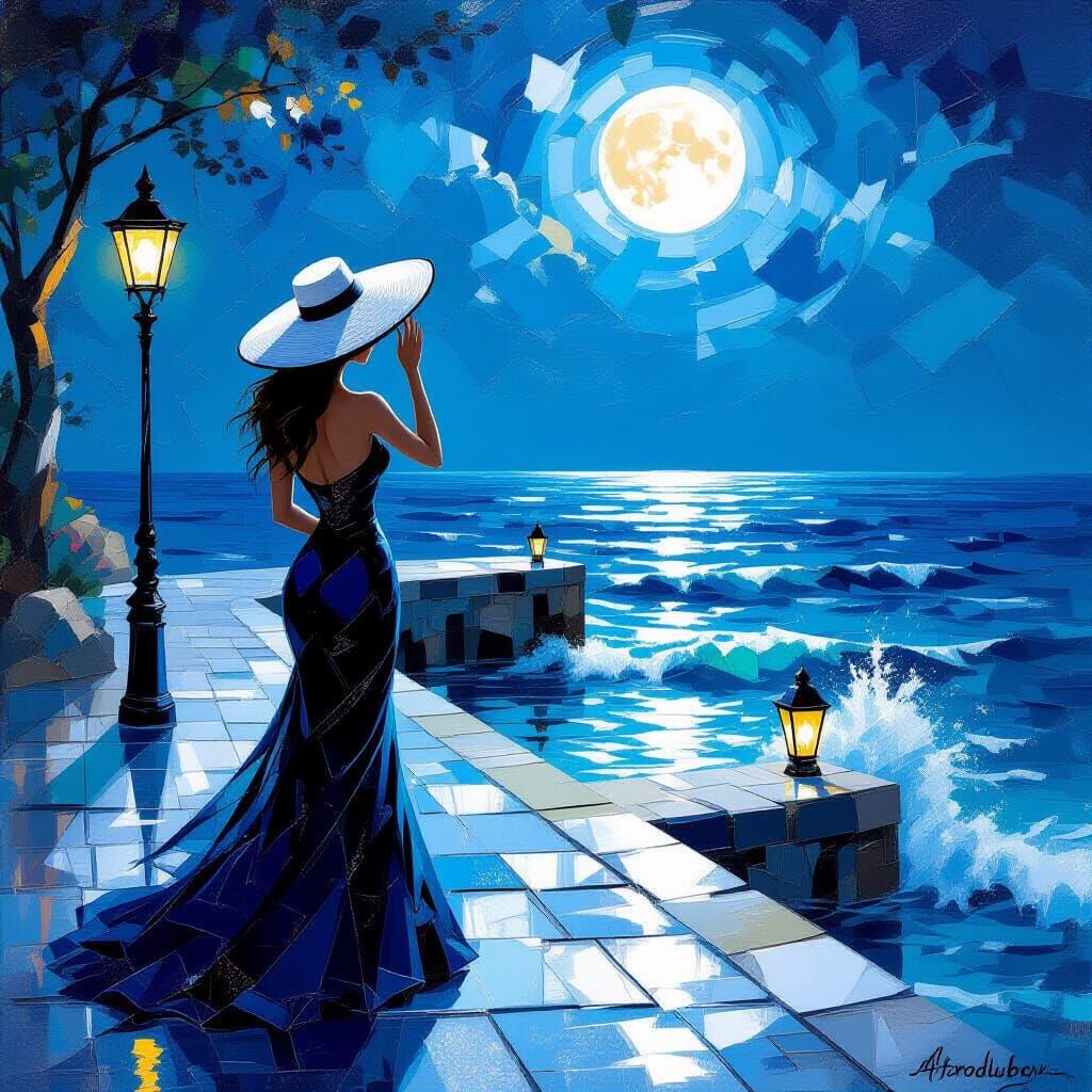 Woman on Cliff Overlooking Mirrored Sea, Impressionist Style