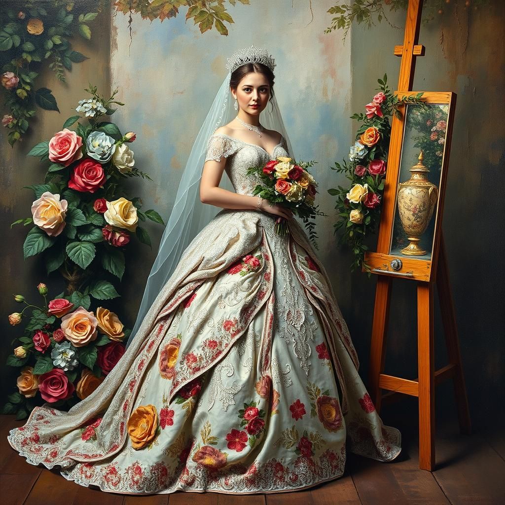 Bride in Opulent Gown, Impasto Style