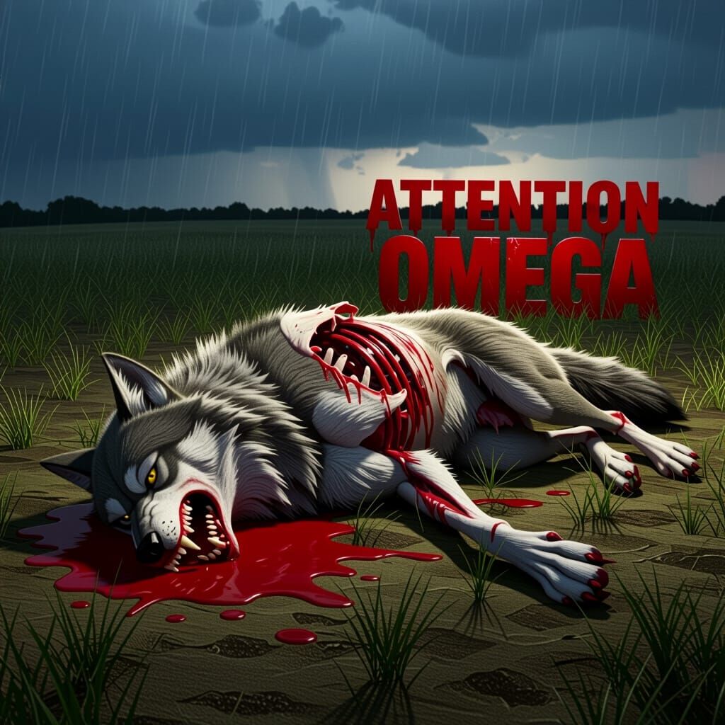 Grisly Wolf Scene in Bleak Field with Dripping Red Text
