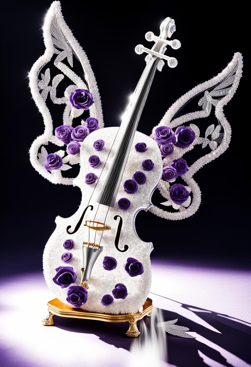 A crystal violin made out of shining silver roses it has wings coming off the side