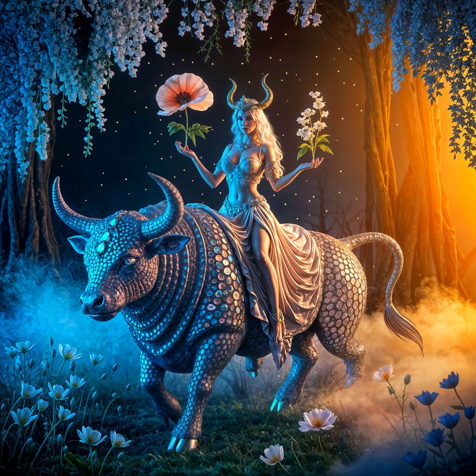 Ethereal Taurus Goddess Rides Majestic Bull Amidst Dreamlike...