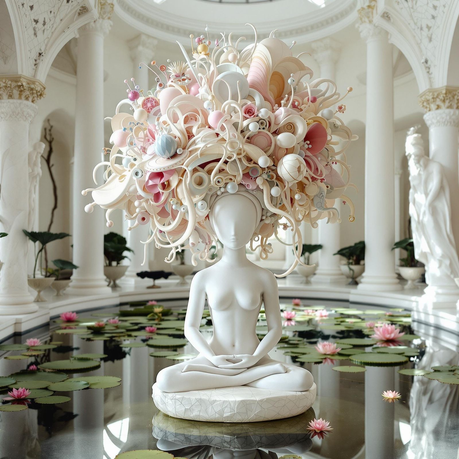 Eccentric Marble Statue in Pastel High-Tech Hat