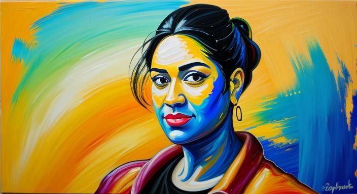 Expressive Oil Painting of Woman with Black Hair