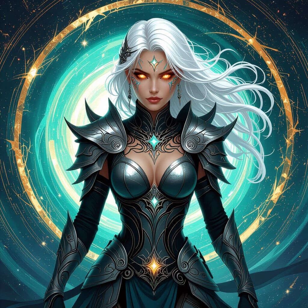 Celestial Valkyrie in Cosmic Vortex: Digital Art