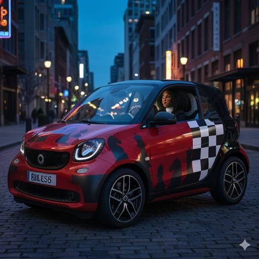 Black Woman Driving Custom Chess-Themed Smart Car