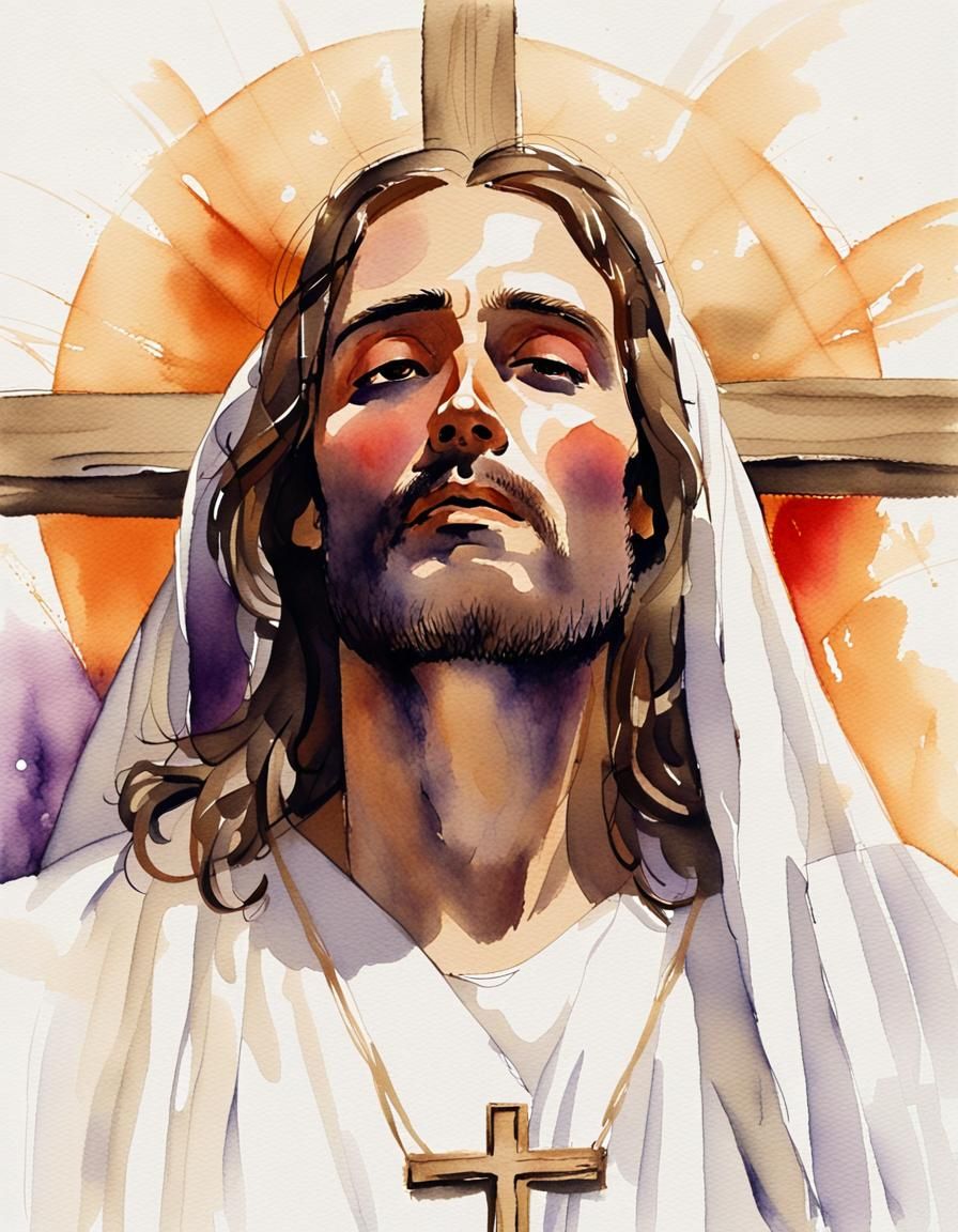 Serene Christ Portrait in Watercolor with Ink Outlines