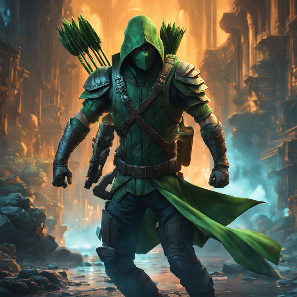 Hyper-Realistic Green Arrow Concept Art in a Box