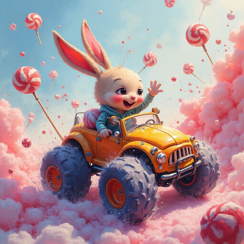 Cartoon Car in Candyland Dreamscape: Alcohol Ink and Waterco...