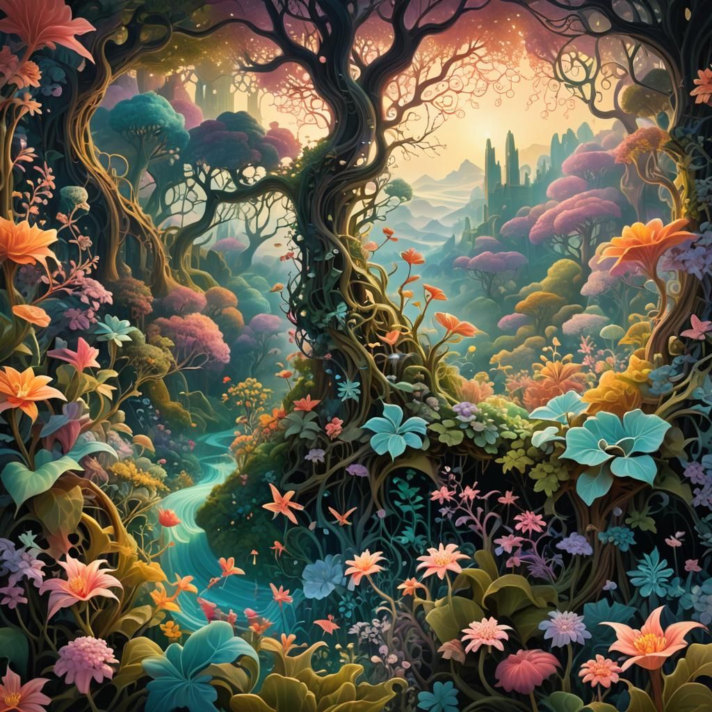 Mystical Fractal Realm with Iridescent Flora