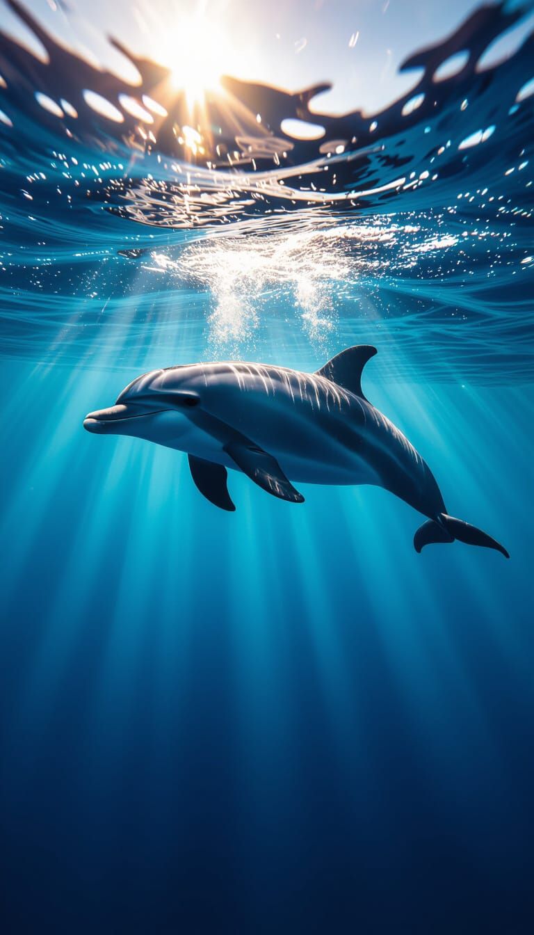 Photorealistic Dolphin Gracefully Swims in Deep Blue Ocean