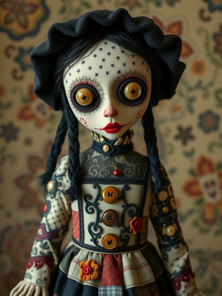 Creepy Beldam Doll in Gothic Folk Art Style