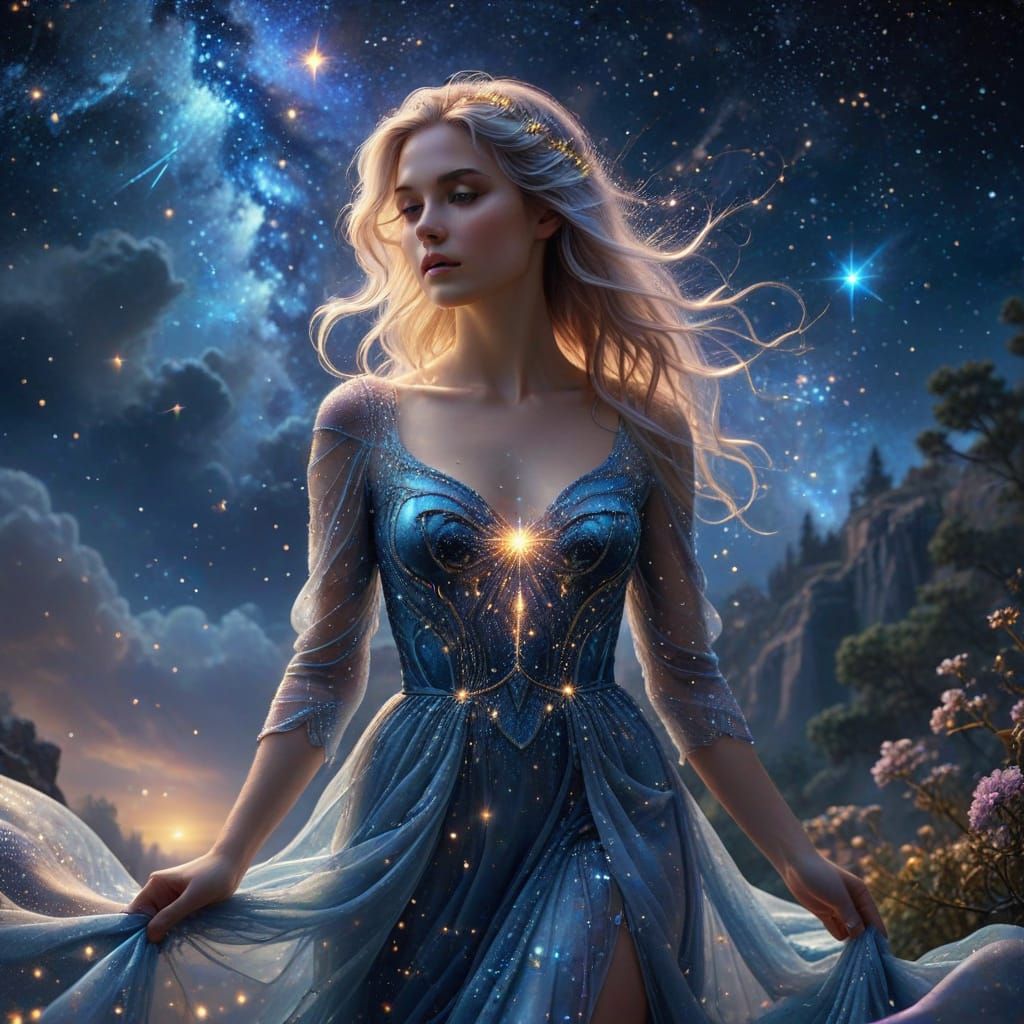 Radiant Woman in Iridescent Gown Amidst Celestial Galaxy