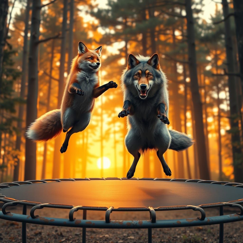 Whimsical Forest Friends in Joyful Mid-Air Leap