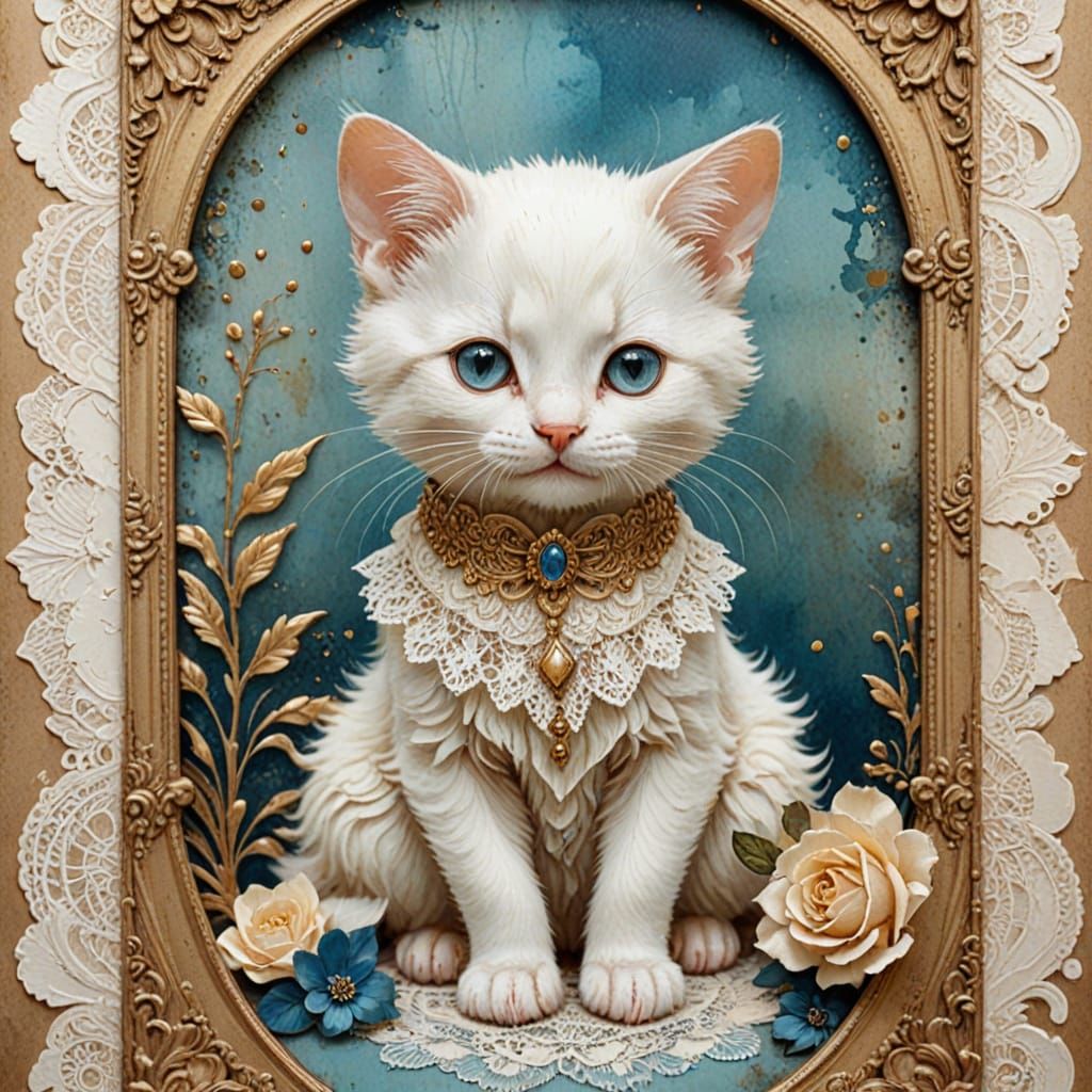 French Whimsy Kitten in Antique Watercolor Style