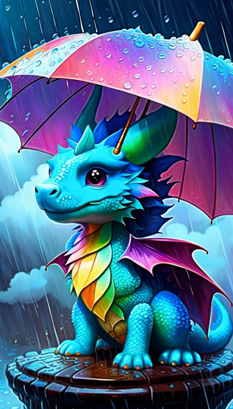 Cute dragon in the Rain