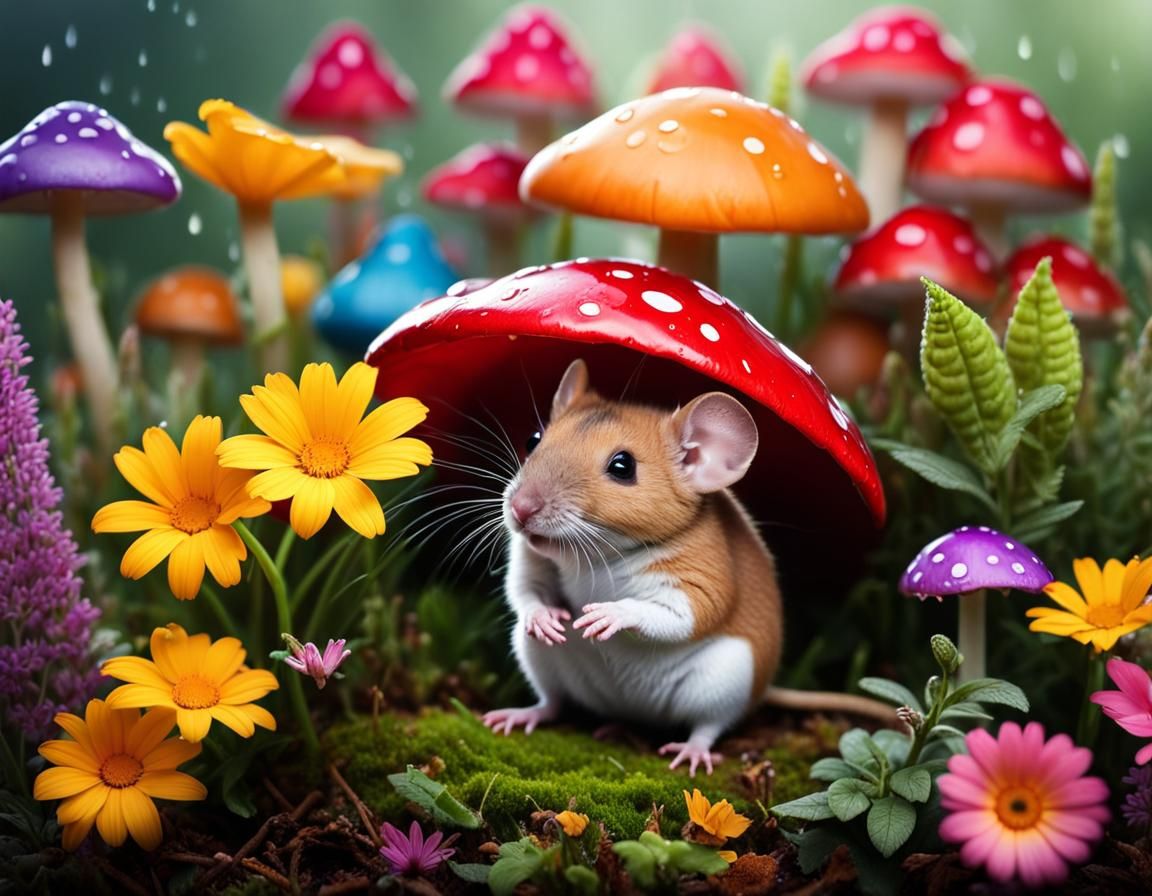 Mouse Seeks Shelter Under Mushroom in Rainy Garden
