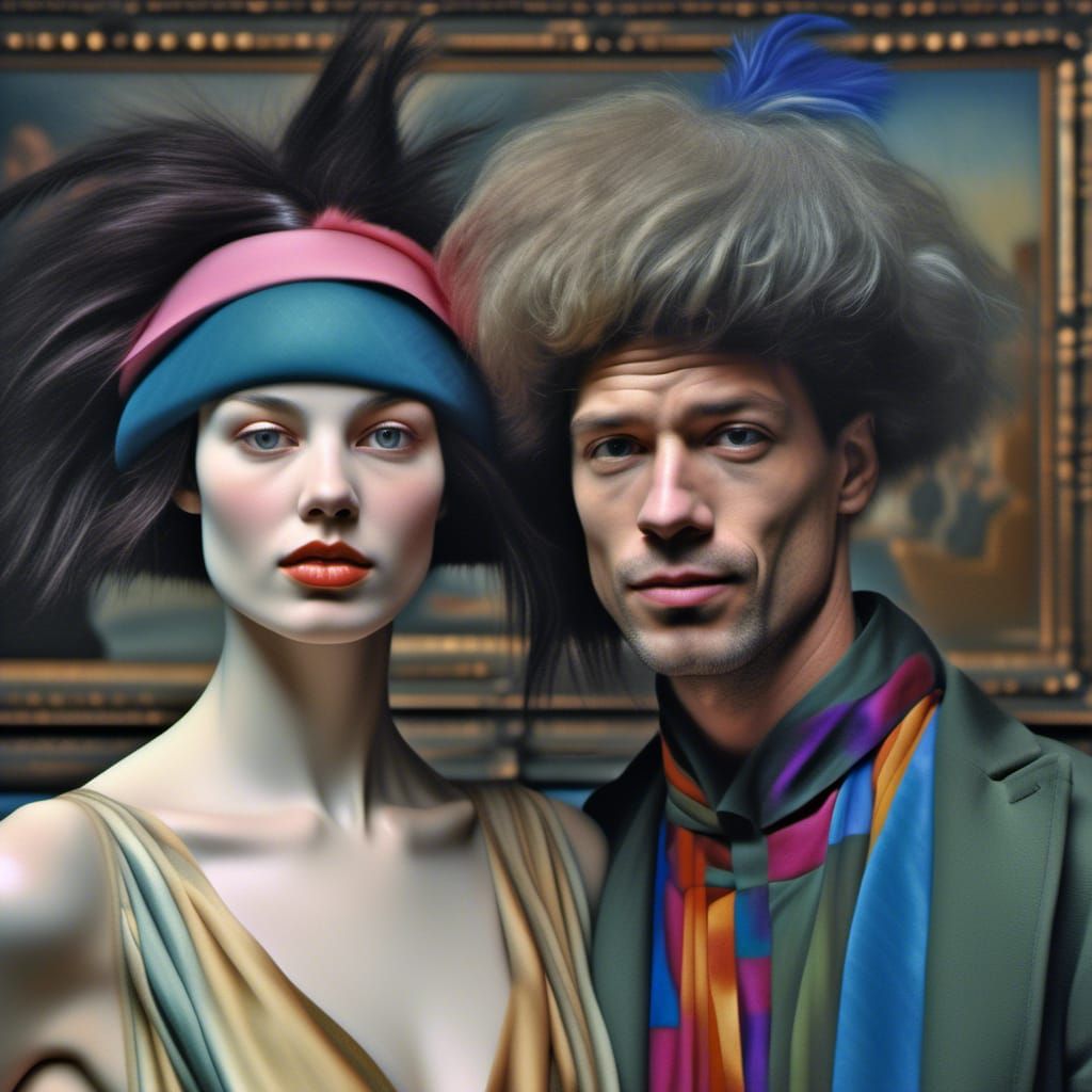 Happy Couple in Art Museum, Hyperrealistic Style