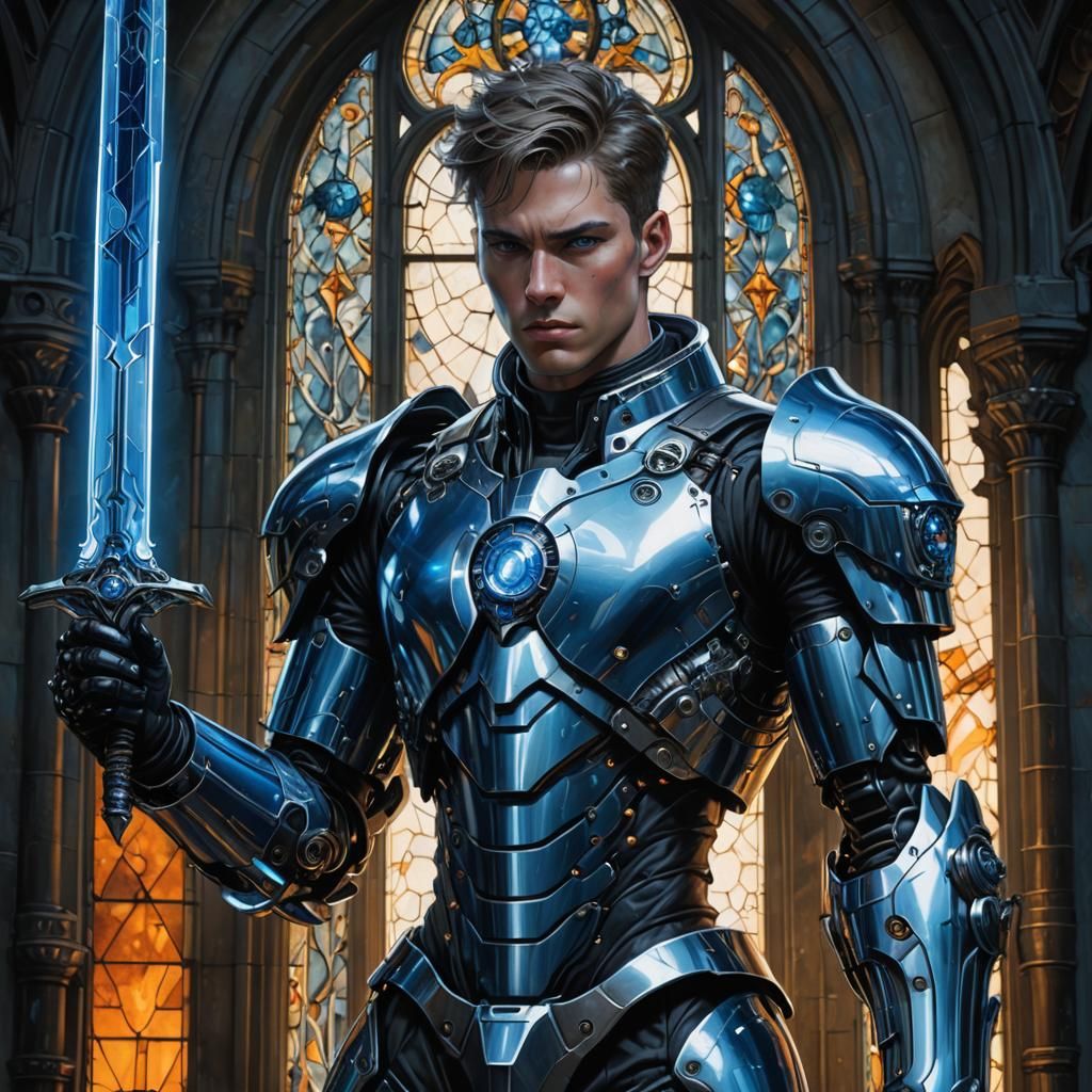 Cyborg Knight with Glowing Sword in Gothic Style