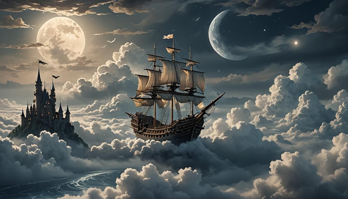 Flying Silver Ship Over Cloud Castle