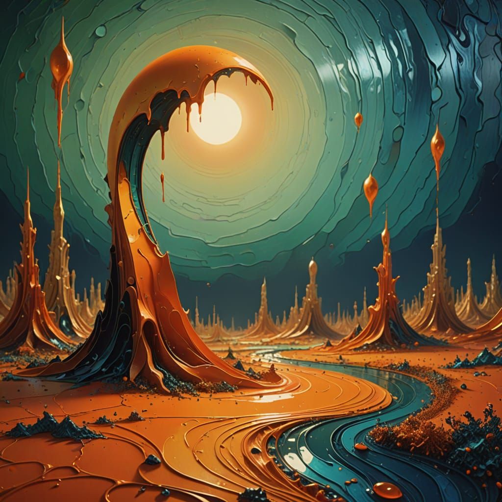 Surrealist Oil Painting with Melting Textures and Vibrant Co...