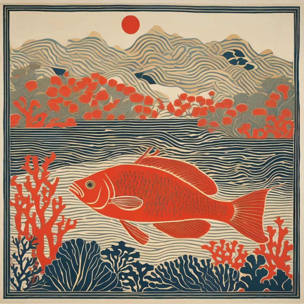 Minimalist Fish in Coral Reef Woodcut Style
