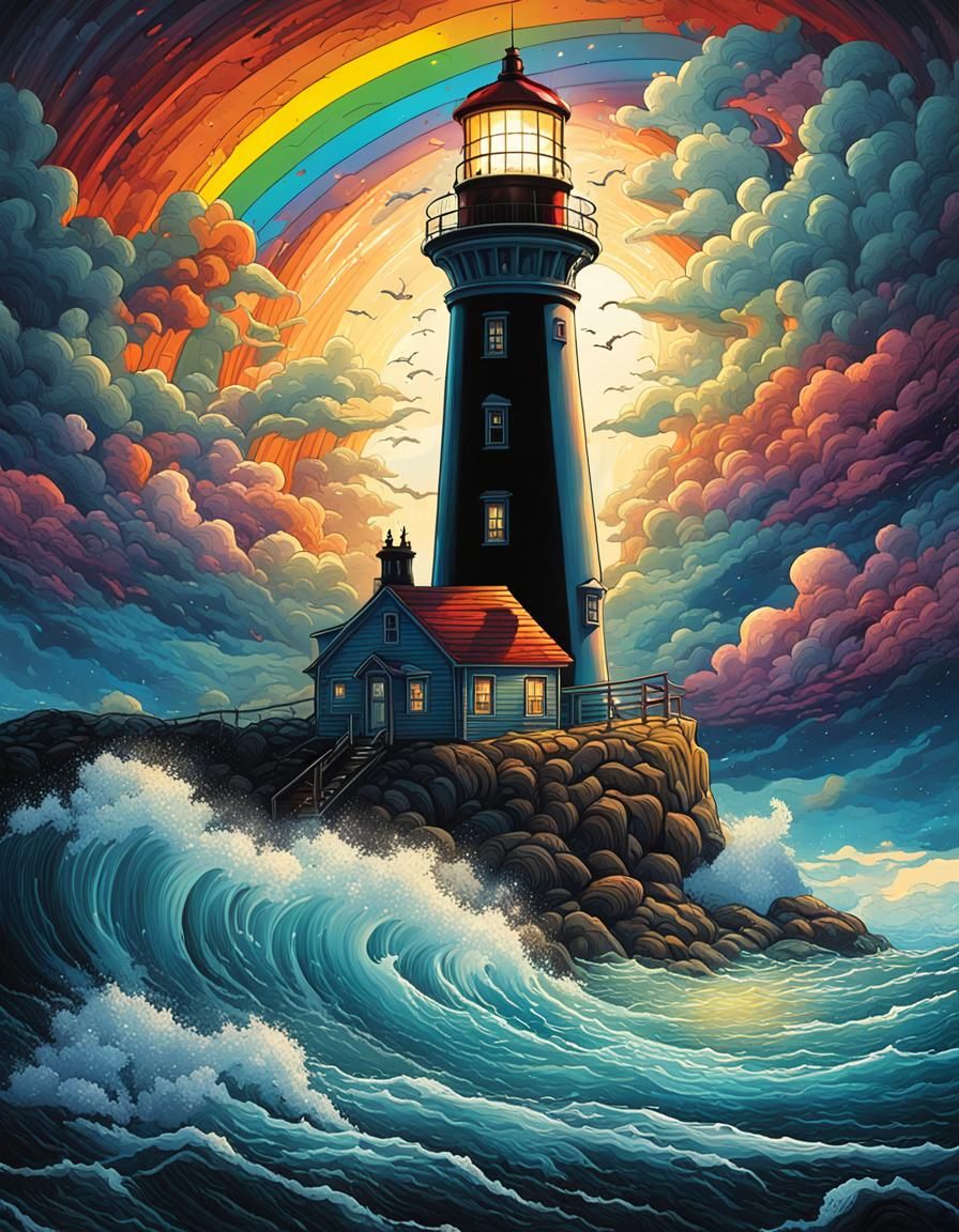 Lighthouse in Rainbow Light: 50s Graffiti Art