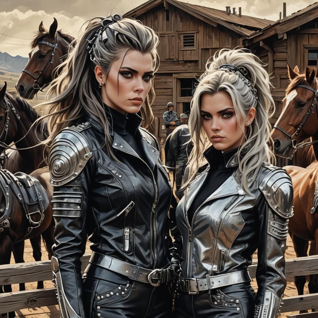 Fierce Women at Horse Ranch in Cyberpunk Style