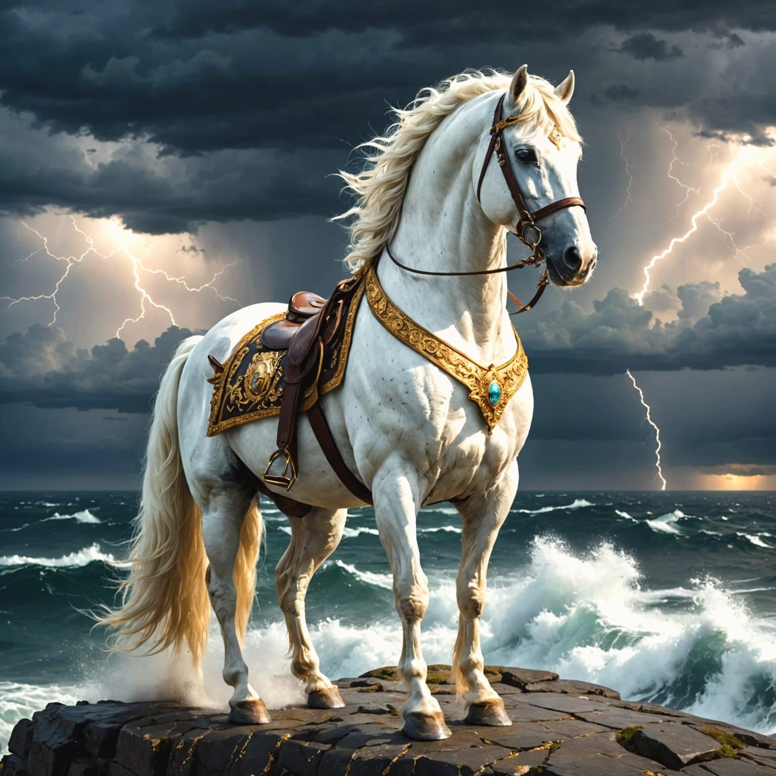 Majestic Roman War Horse on Stormy Cliff