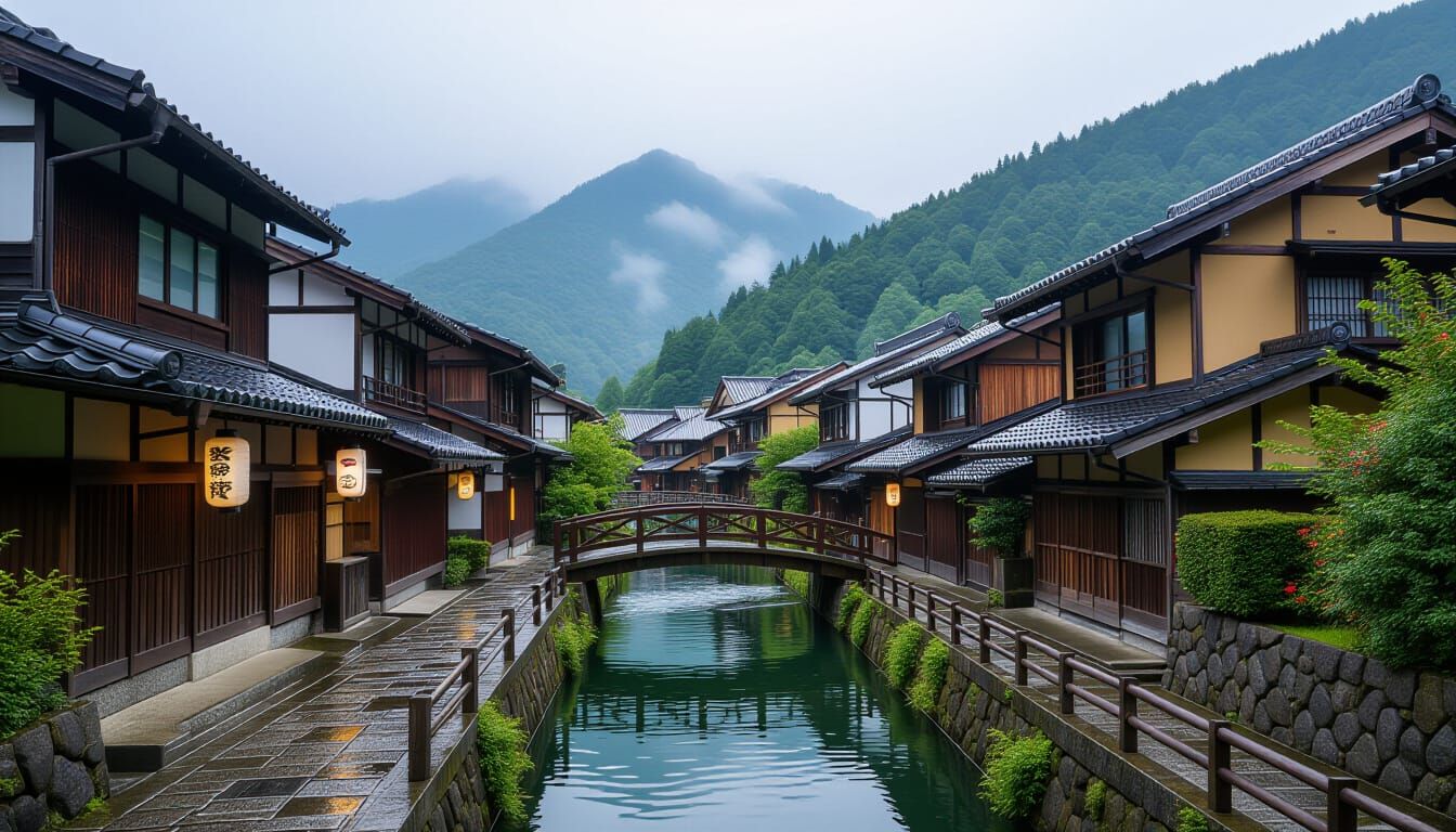 Japanese Village Sunrise in Hyperrealistic Style