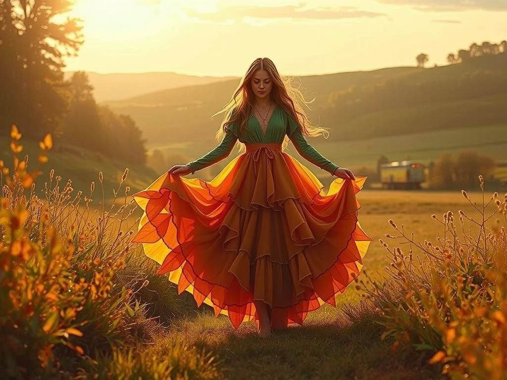 Woman in Leaf Gown in Golden Autumn Light