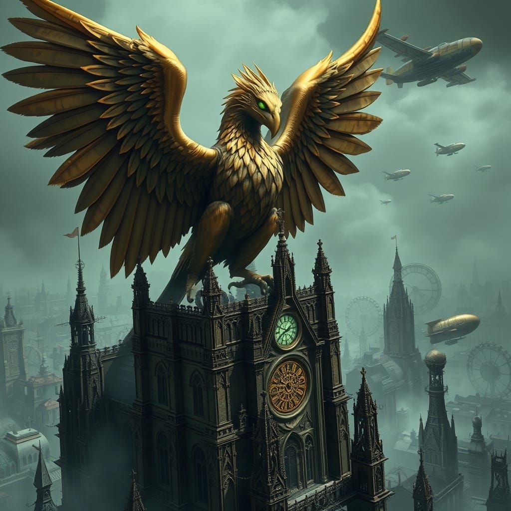 Steampunk Griffin Perched Atop Gothic Cathedral