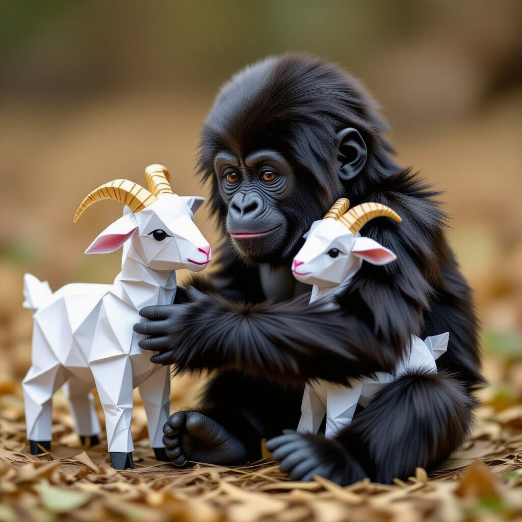 Baby Gorilla Petting Goat in Origami Papercraft Style