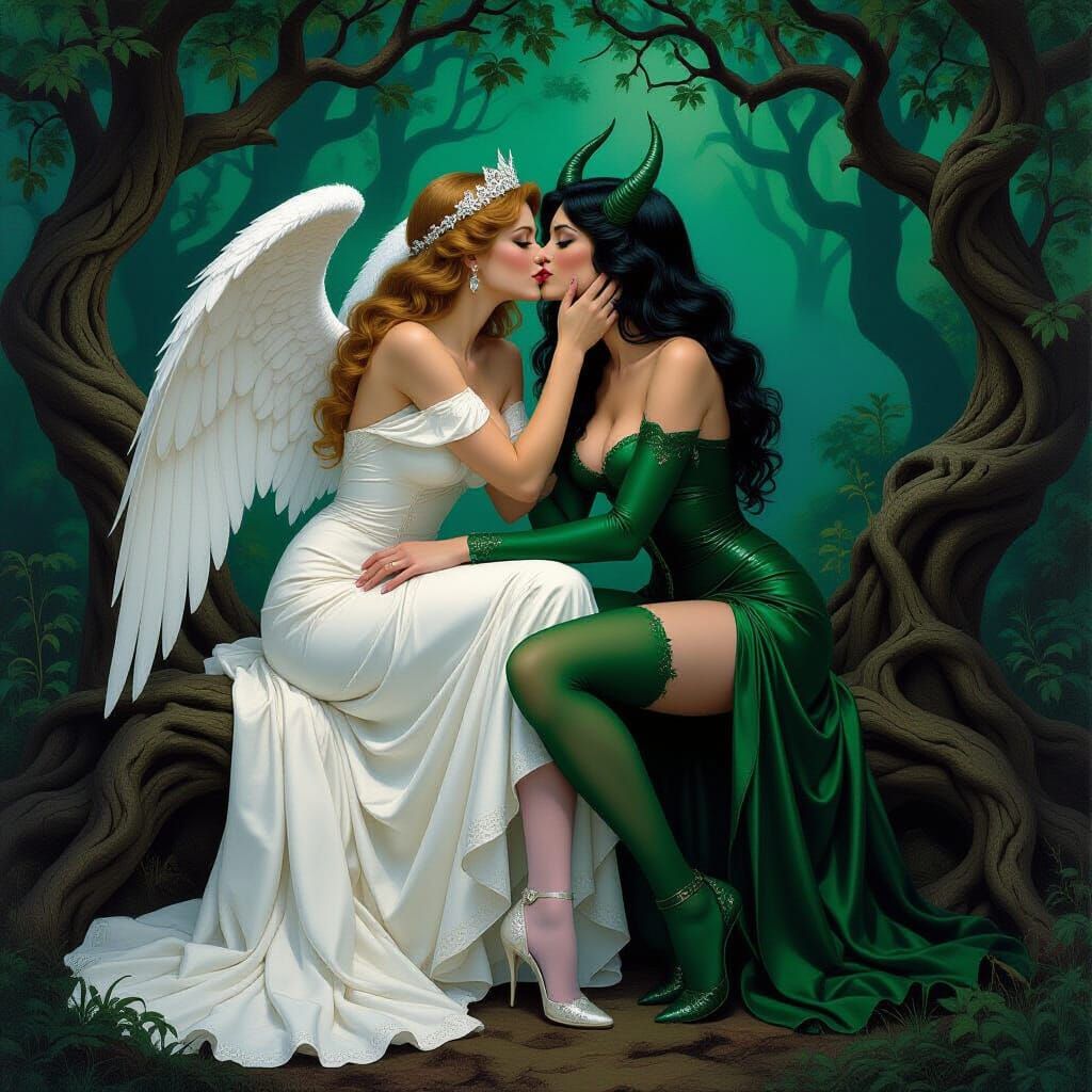 Angelic Lady Kissing Demon in Mystical Forest