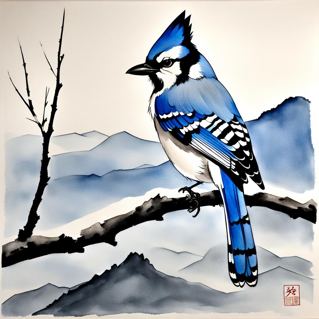 Blue Jay in Winter: Sumi-e Ink Wash Painting