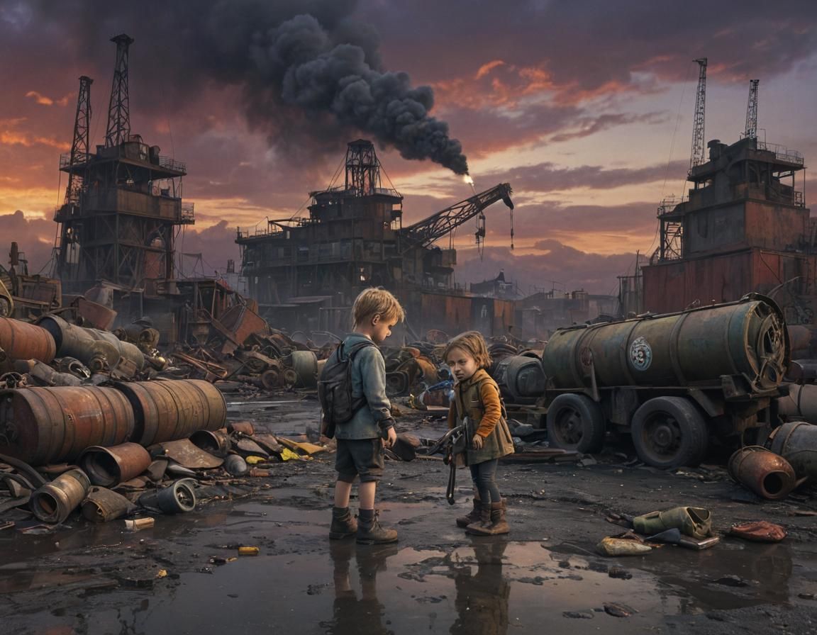 Dieselpunk Port Scene with Children in Gas Masks