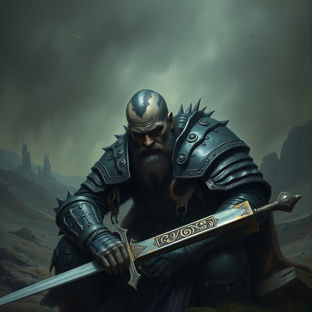 Dark Warrior in Desolate Landscape