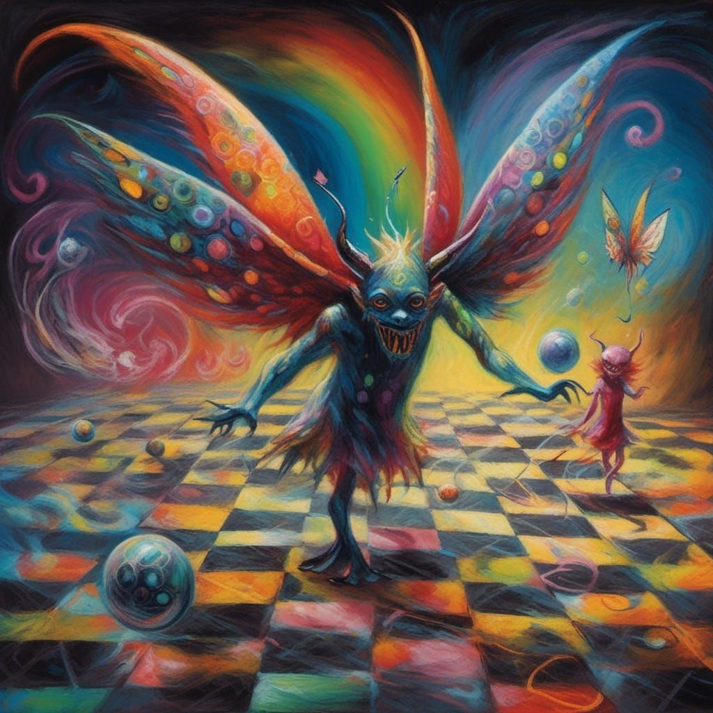 Surreal Hopscotch Game with Fairy, Witch and Monster