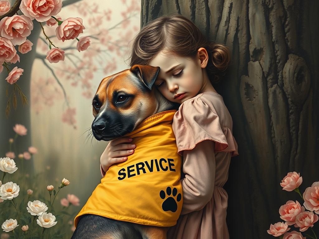 Girl Comforted by Service Dog in Ukiyo-e Style