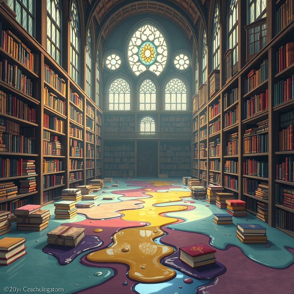 Surreal Melting Library Illustration in Painterly Style