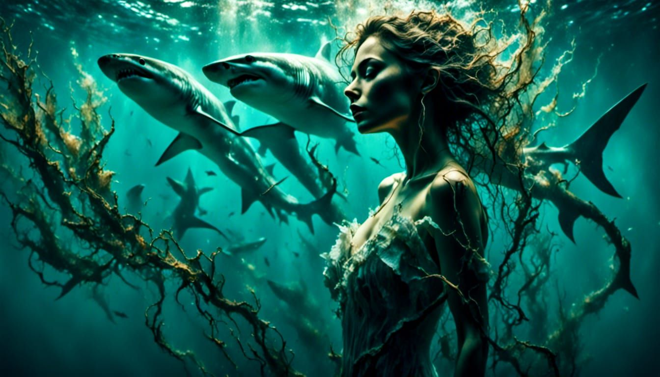 Mermaid's Underwater Peril: A Macabre Oil Painting