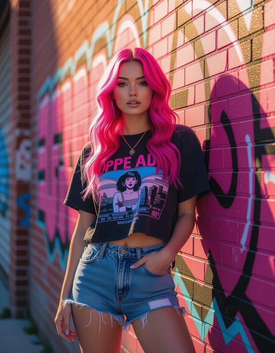 Street Fashion: Pink Hair Woman by Graffiti Wall
