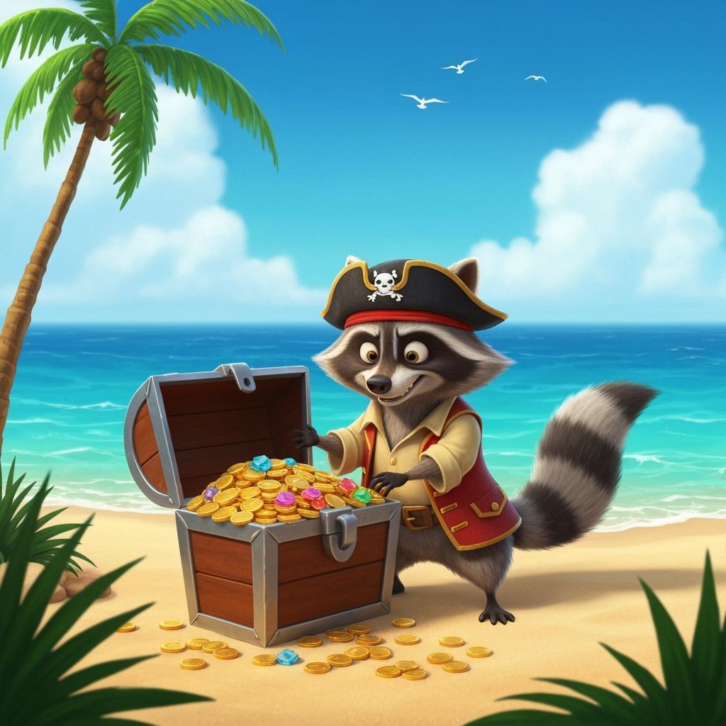 Pirate Raccoon Guarding Treasure on Tropical Beach