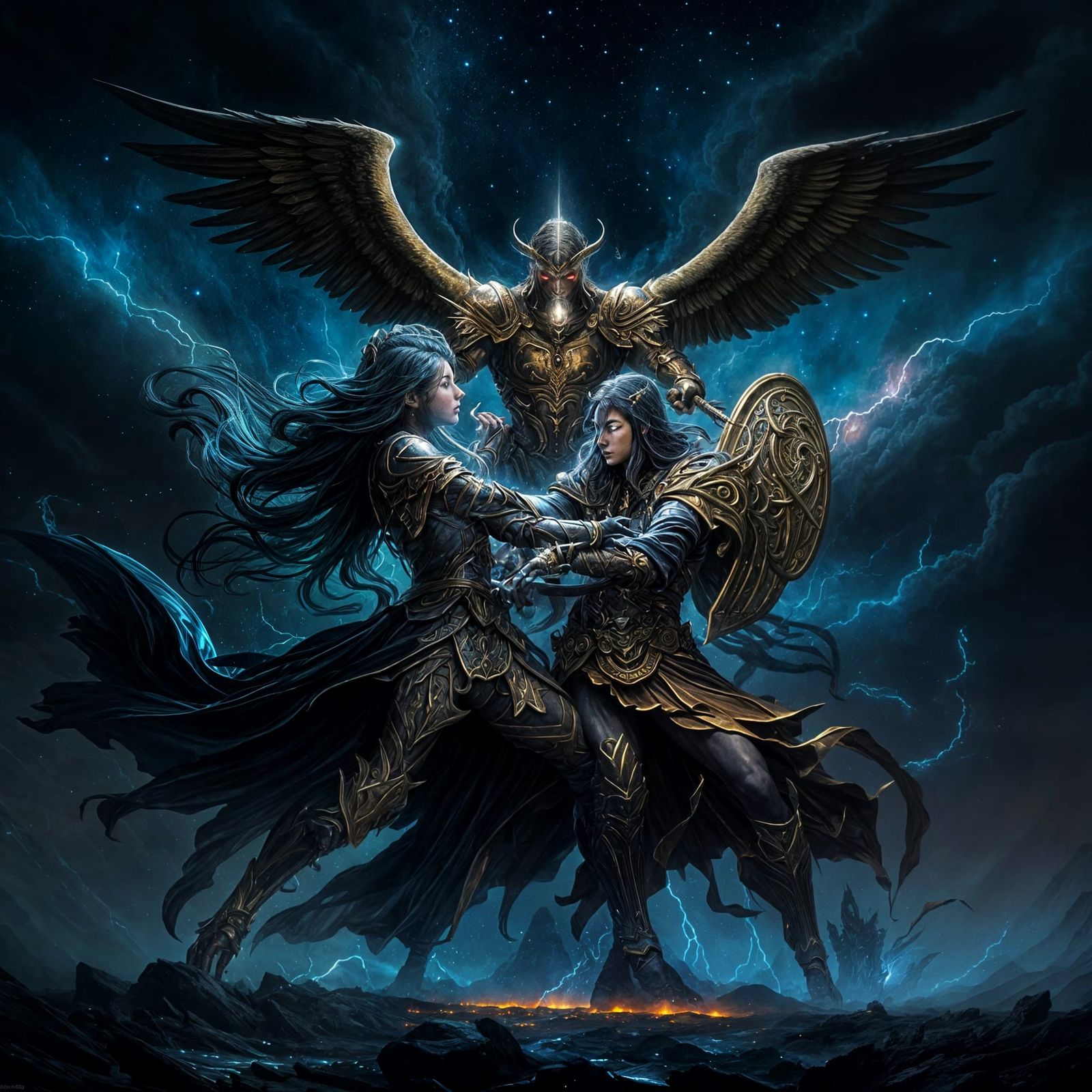 Heavenly Battle: Light vs. Evil in Cosmic Surrealism