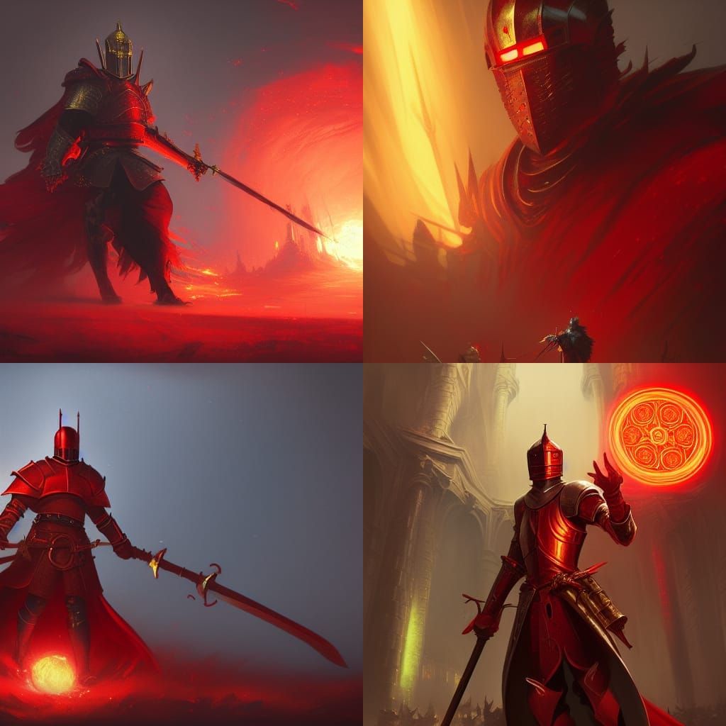 Dark Fantasy Red Knight with Vibrant Yellow Magic Circle